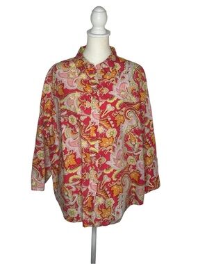 Ralph Lauren EUC Vibrant Paisley Cotton Blouse 3/4 Sleeves Sz 2X Mod Retro Boho